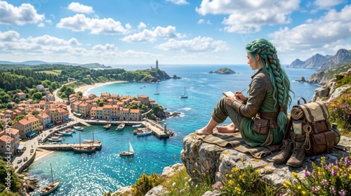 Female Traveler Sitting Above Scenic Coastal Harbor and Turquoise Water