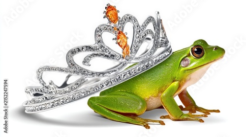 Green frog with a decorative rhinestone crown and butterfly ornament on head for whimsical nature themed photography