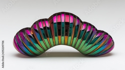 Colorful Curved Glass Art Sculpture with Rainbow Stripes on White Background