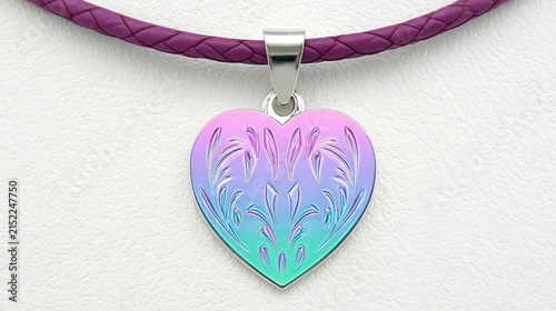 Colorful Heart-Shaped Pendant Necklace on Purple Cord on White Wall Background