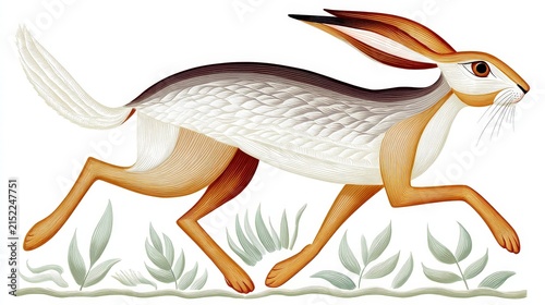 Elegant Running Hare with Long Ears and Detailed Fur in Nature Scene