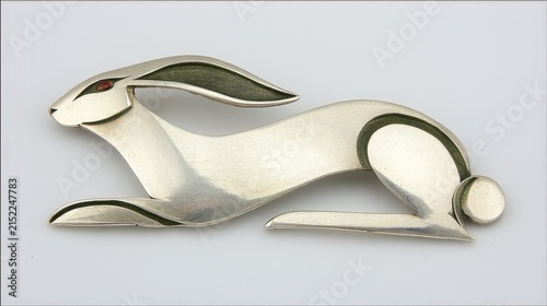 Elegant Silver Bunny Sculpture with Green Accents and Red Eye Detail
