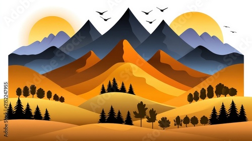 Vibrant Mountain Landscape with Sunsets, Trees, and Flying Birds Illustration