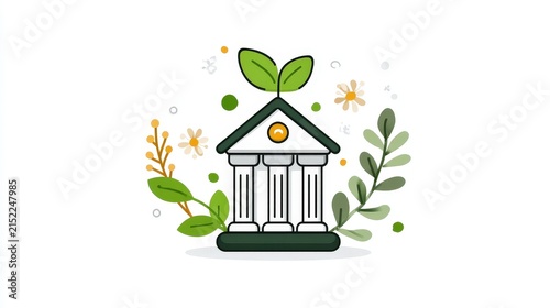 Illustration of a Building with Greenery Surrounding It and a Leaf on Top