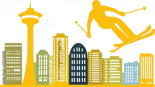 Vibrant Illustration of Urban Skyline with Skier Snowboarding Over Buildings