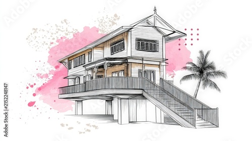 Elevated wooden house on stilts with stairs and palm tree against watercolor background