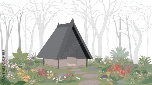 Traditional A-frame Wooden House Amid Spring Garden and Avocado Plants