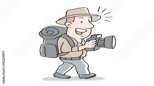 Cartoon Explorer Hiker with Backpack Using Camera for Photography on Adventure Trail
