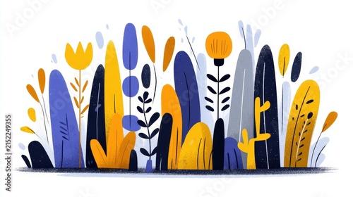 Abstract Colorful Botanical Illustration with Tall Plants and Flowers in Blue Yellow and Orange