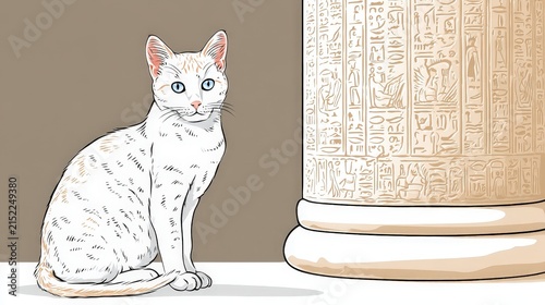 White domestic cat with blue eyes sitting next to ancient Egyptian hieroglyphic column