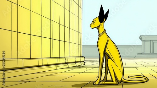 Elegant Sphinx Cat Sitting on Ancient Egyptian Style Floor and Wall