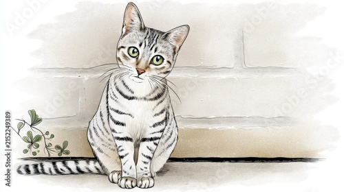 Playful Cat Sitting on Floor Next to White Brick Wall in Indoor Setting