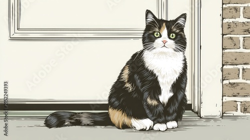 Adorable Black and White Cat Sitting Near a Doorway on Wooden Floor