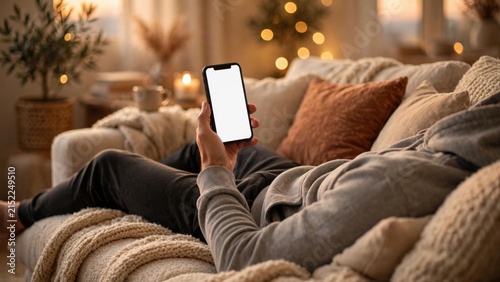 Person relaxing on a cozy couch using a smartphone with a blank screen.