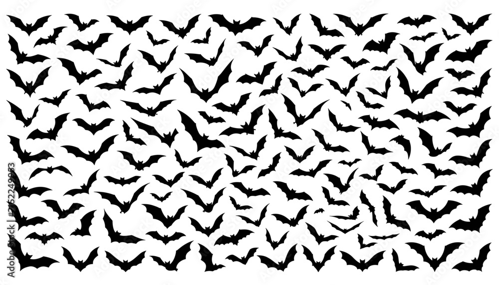 Fototapeta premium Spooky Halloween Flying Bats Swarm Silhouette Vector Background Featuring a Dense Colony of Creepy Vampires for Holiday Posters, Banners, and Pattern Backdrop Graphic Designs