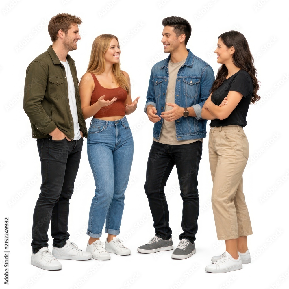 Obraz premium Group of four people chatting, casually dressed, on a white background.