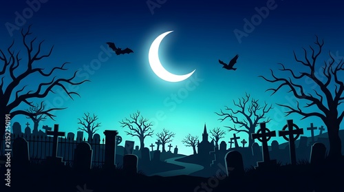 Spooky halloween night background with a glowing crescent moon silhouette of trees and tombstones in a graveyard