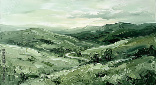 An expressive oil painting showcasing a green landscape and abstract mountains with rich impasto texture and artistic flair