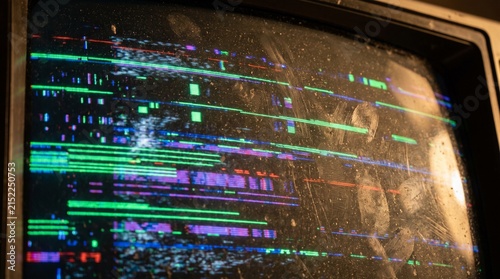 Fotografie Distorted screen display shows colorful glitch pattern on a retro monitor