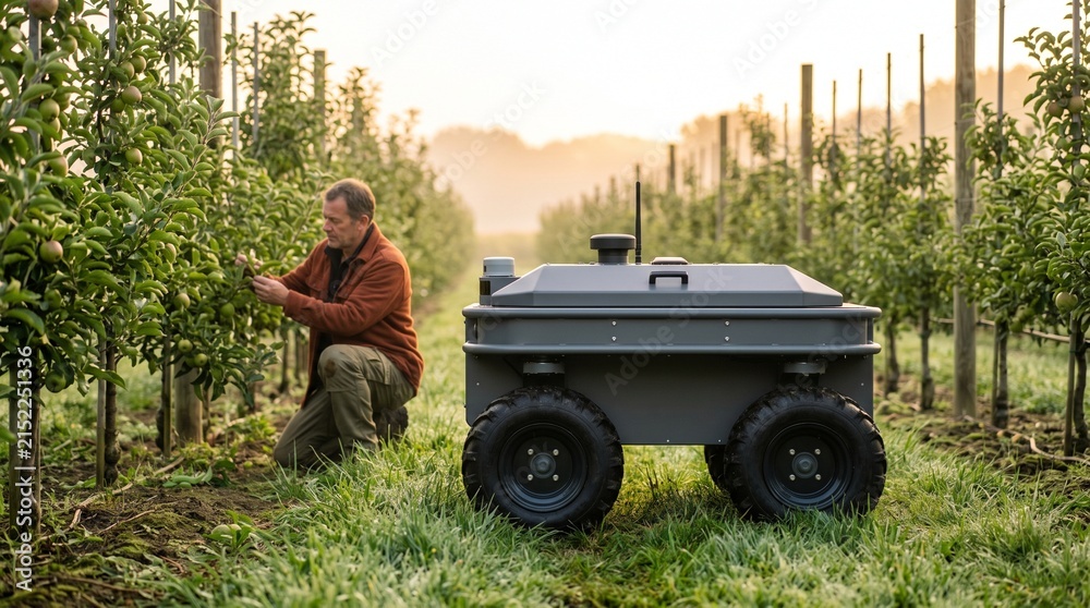 Fototapeta premium Orchard grower checks trees beside an autonomous field rover