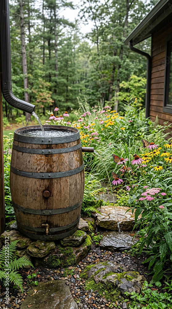 Obraz premium Old Wooden Wine Barrel in a Rustic Garden Setting, Vintage Oak Cask and Antique Container Surrounded by Green Plants and Rural Vineyard Atmosphere