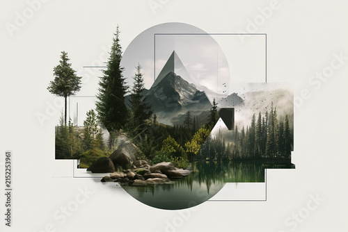 artistic collage of nature elements and geometric shapes on neutral background, trees, forest, 