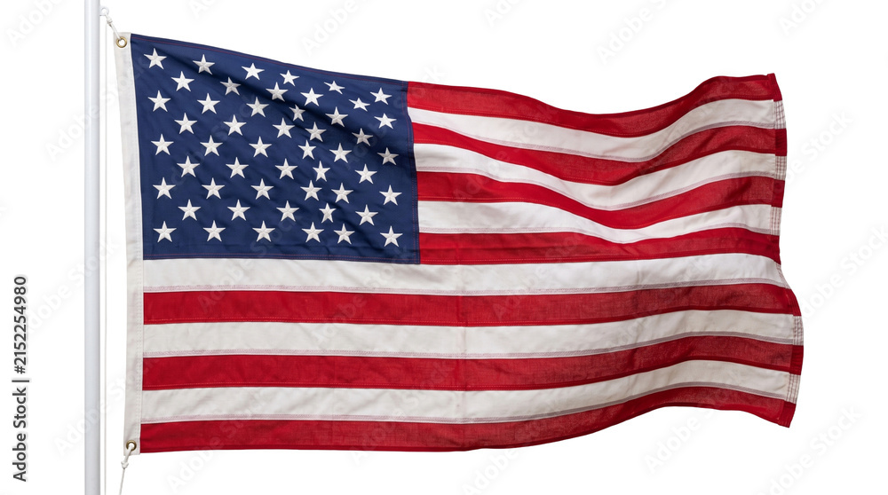 Obraz premium American flag waving on pole with stars and stripes design isolated on transparent background for projects.
