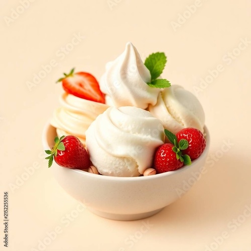 Premium commercial food photography of a beautifully styled three-scoop ice cream dessert featuring creamy vanilla, strawberry, and pistachio flavors in an elegant minimalist ceramic bowl.