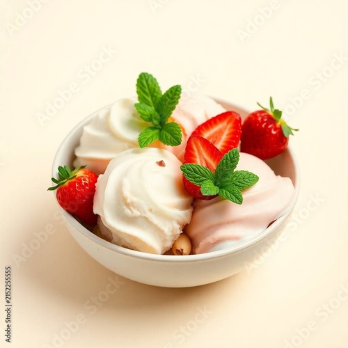 Premium commercial food photography of a beautifully styled three-scoop ice cream dessert featuring creamy vanilla, strawberry, and pistachio flavors in an elegant minimalist ceramic bowl.