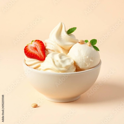 Premium commercial food photography of a beautifully styled three-scoop ice cream dessert featuring creamy vanilla, strawberry, and pistachio flavors in an elegant minimalist ceramic bowl.