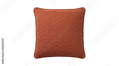 Square rust colored decorative pillow with textured fabric for home decor accent isolated on transparent png.
