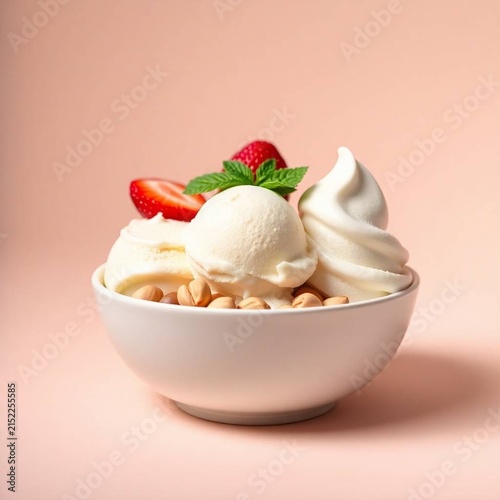 Premium commercial food photography of a beautifully styled three-scoop ice cream dessert featuring creamy vanilla, strawberry, and pistachio flavors in an elegant minimalist ceramic bowl.