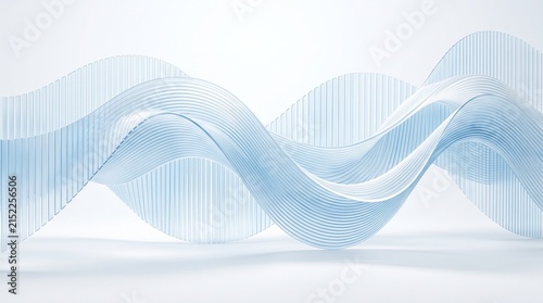 Abstract blue translucent waves with delicate vertical lines, creating a sense of flow and depth on a bright white background. Modern, clean, serene, digital art.