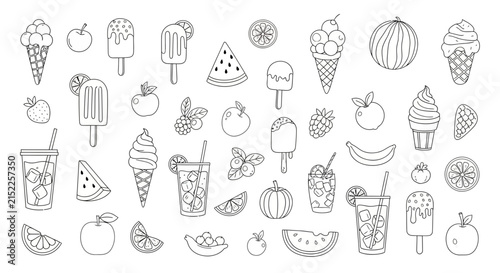 A collection of hand drawn summer food and drink icons set