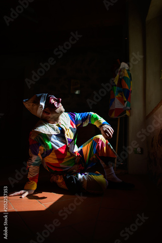 Man in Colorful Harlequin Jester Costume Sitting Indoors in Light