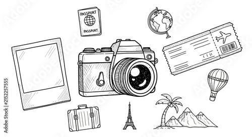 A collection of hand drawn travel items on white background