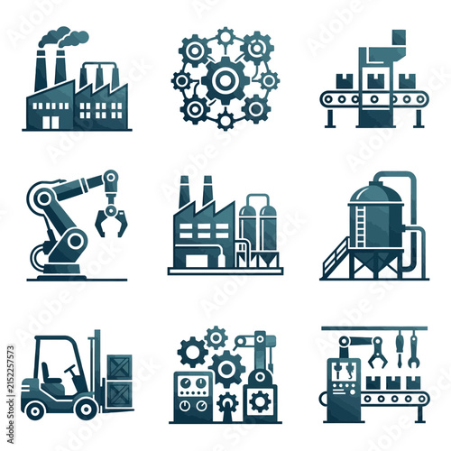 A collection of industrial icons showing manufacturing and factory work