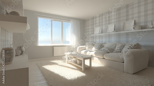 Bright sunlit living room with plaid wallpaper design.