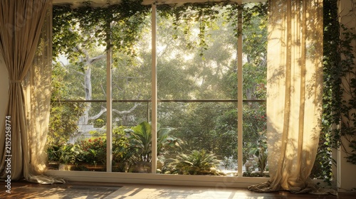 Bright sunlit window with climbing green vines and curtains.