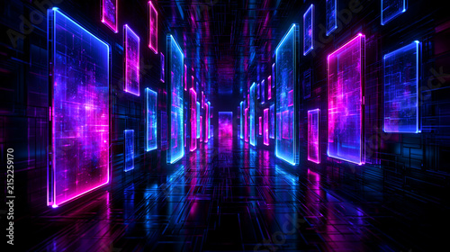 Futuristic electronics campaign with glowing transparent devices in a dark chrome tunnel