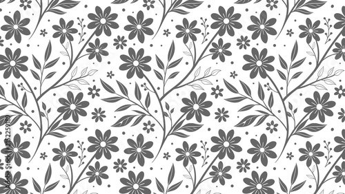 Botanical seamless pattern with leaves, flowers, and berries in dark grey
