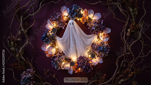 Spooky Ghost Figure in Illuminated Halloween Wreath Adorned with Autumn Flowers