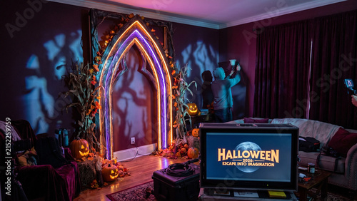 Film crew setting up a mysterious Halloween themed room with glowing archway and pumpkins.