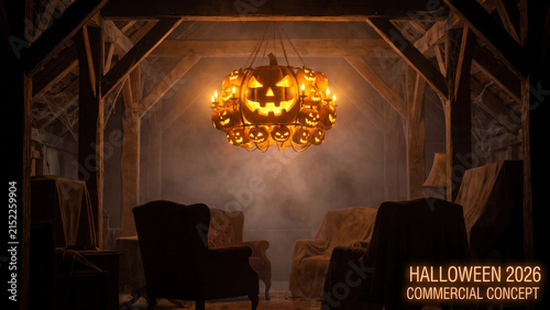 Glowing Jack-o'-lantern Chandelier Illuminates Spooky Old Attic, Halloween Decor
