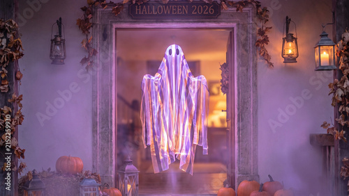 Spooky ghost Halloween decoration hangs in a mysterious doorway with pumpkins and purple fog