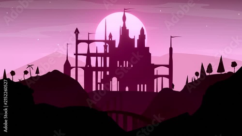 vector style castle scenery silhouette illustration ambient animated loop, soft light chill background