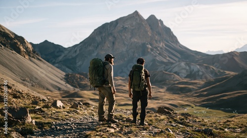 Two male friends backpacking and hiking in the majestic mountains during golden hour
