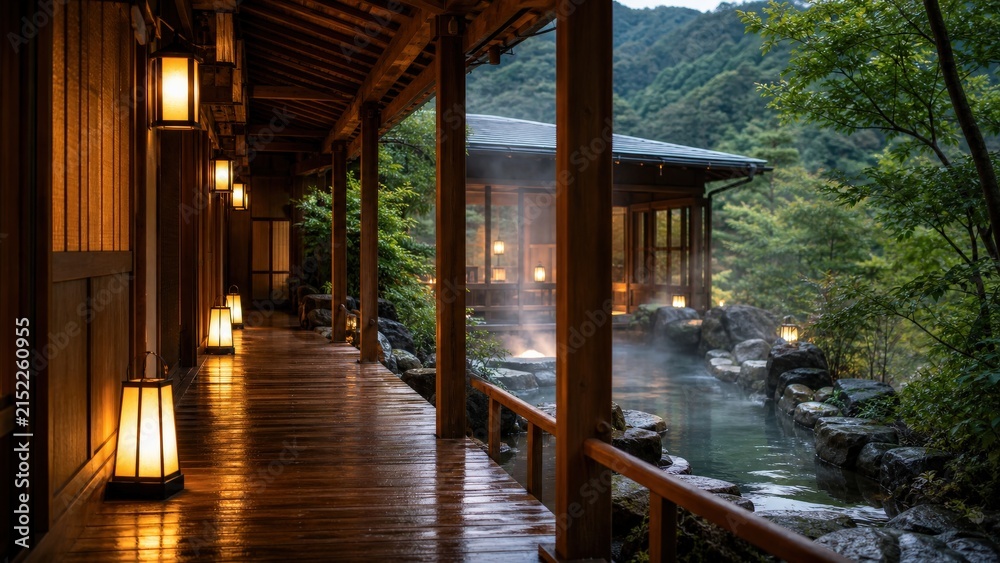 Obraz premium Japanese ryokan corridor with steaming outdoor onsen for wellness trav