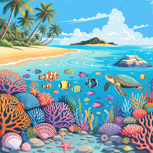 Tropical coral reef underwater scene with sea turtle and colorful exotic fish illustration