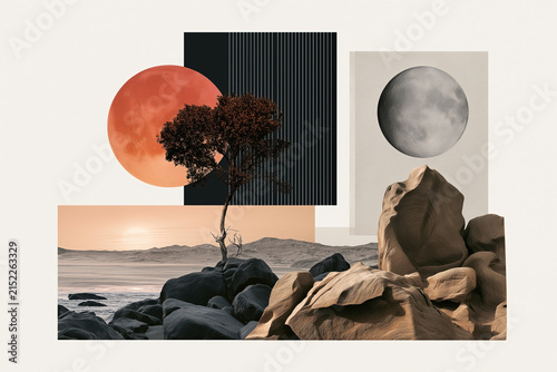 artistic collage of nature elements and geometric shapes on neutral background, trees, forest, 